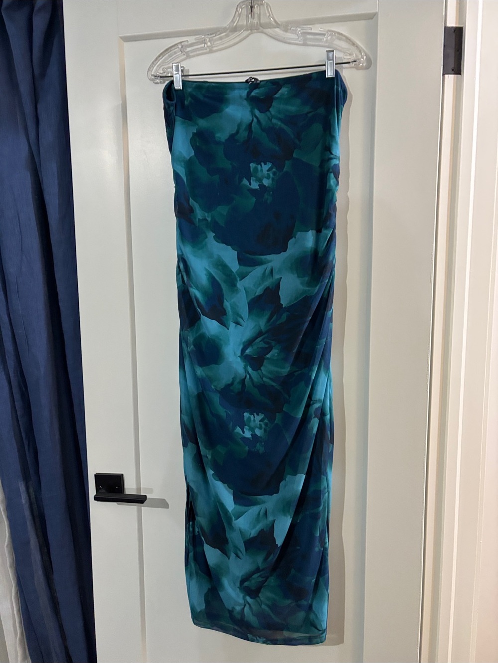 Teal Floral Maxi Dress - Elegant Strapless Evening Gown